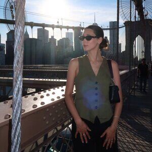 Zara olive green linen set vest and high-waisted shorts